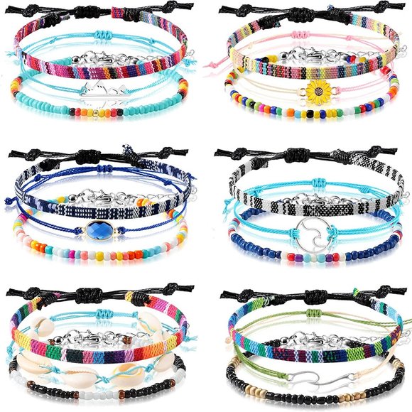 New 6 Pieces Ankle Bracelet Adjustable Boho Surfer Anklet Bracelet Thin Rope - Picture 7 of 8